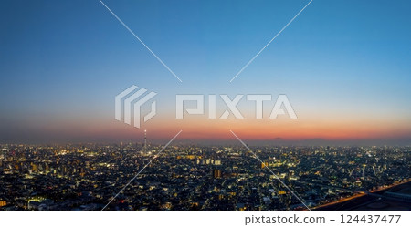 Aerial photography of Tokyo: A drone captures the Tokyo night view from above the Edogawa River 124437477