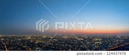 Aerial photography of Tokyo: A drone captures the Tokyo night view from above the Edogawa River 124437478