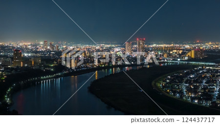 Aerial photography of Chiba Prefecture, taken by drone, overlooking the downstream night view from near Yagiri on the Edogawa River 124437717