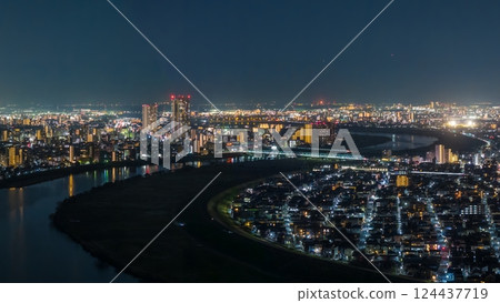 Aerial photography of Chiba Prefecture, taken by drone, overlooking the downstream night view from near Yagiri on the Edogawa River 124437719