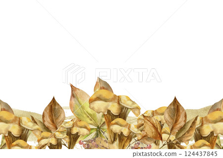 Orange autumn mushroom with colorful leaves watercolor template. Isolated hand drawn banner with Chantarelle boletus and botanical arrangement for fall invitation,card, poster design 124437845
