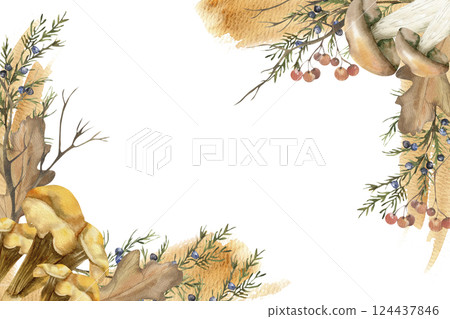 Mushroom botanical frame with orange forest fungus,red berries and juniper branches watercolor illustration. Hand drawn isolated floral template for autumn card, poster, packing design 124437846