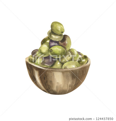 Green olives bunch in wooden plate watercolor illustration. Hand drawn isolated vegetarian food clipart, organic product and salad ingredient painting for packing, label, italian restaurant design 124437850