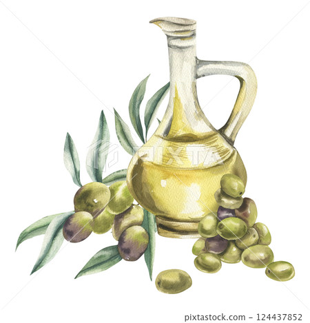 Olive oil glass jug with ripe green fruits bunch watercolor composition.Mediterranean organic healthy food, vegan natural product clipart for Italian cuisine menu,restaurant,label design Olive oil glass jug with ripe green fruits bunch watercolor composition.Mediterranean organic healthy food, vegan natural product clipart for Italian cuisine menu,restaurant,label design 124437852