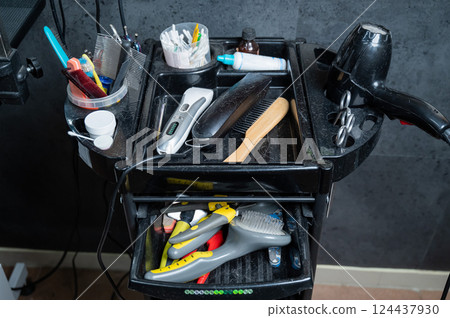 Set of tools for cutting animals in a grooming salon. Set of tools for cutting animals in a grooming salon. 124437930