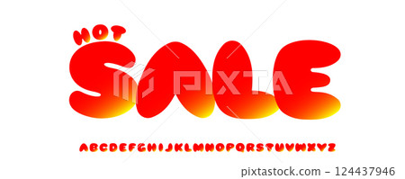 Bold bubble font, impact sale typography, chunky alphabet for heatwave headline, retail promo, kids ads, energetic vibes. Attention grabbing typographic design. Vector typeset 124437946