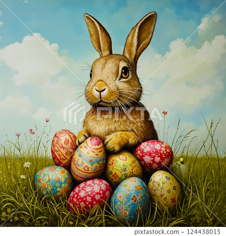 A rabbit sitting in a field of grass with a bunch of colorful eggs A rabbit sitting in a field of grass with a bunch of colorful eggs 124438015