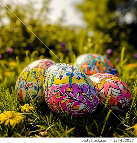 A group of colorful painted eggs sitting in the grass A group of colorful painted eggs sitting in the grass 124438037