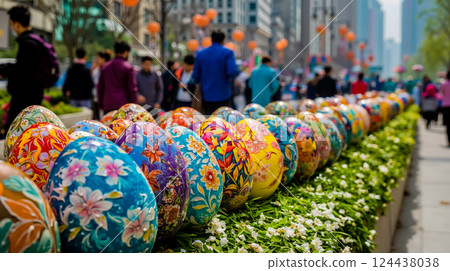 A row of colorful easter eggs lined up on the side of a street A row of colorful easter eggs lined up on the side of a street 124438038