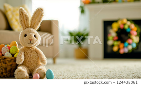 A stuffed bunny sitting next to a basket of easter eggs 124438061