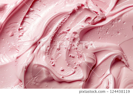 Pink Face, body skin scrub texture. Creamy organic skincare cosmetic exfoliation product with grains. Professional skin care cream background. Close view from above. Health, wellness, beauty concept 124438119