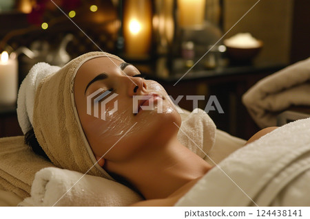Close up portrait of a calm relaxed woman wearing a spa towel and moisturizer in a beauty spa. Natural cosmetics for skin care. Beautiful young woman with a mask on her face. cosmetology concept 124438141