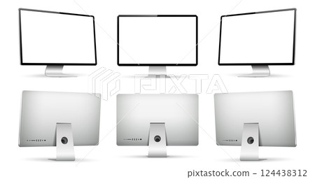 Three monitor with empty display, realistic set device screen mockup 124438312