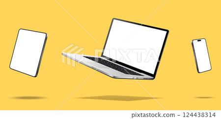 Laptop computer, smartphone and tablet while levitating in the air on a yellow background Laptop computer, smartphone and tablet while levitating in the air on a yellow background 124438314