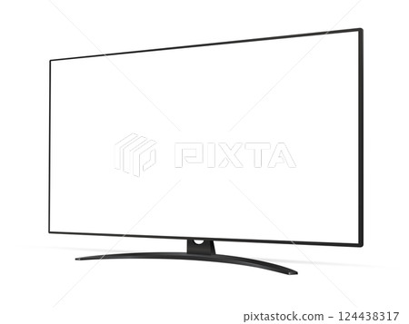 Realistic blank flat screen TV mockup from angled view 124438317