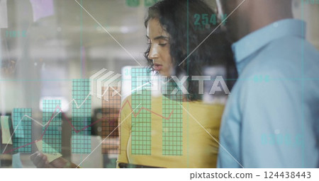 Image of financial data processing over diverse business people in office 124438443