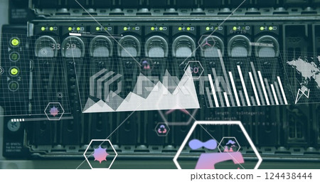 Image of diagrams and data processing over server room Image of diagrams and data processing over server room 124438444