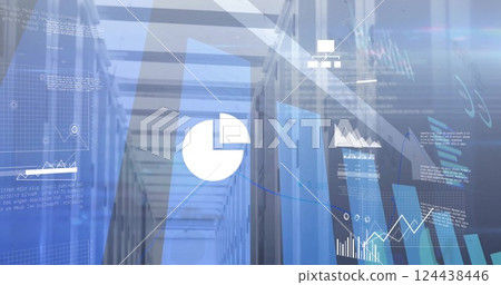 Image of diagrams and data processing over server room Image of diagrams and data processing over server room 124438446