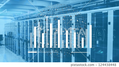 Image of diagrams with globe and data processing over server room Image of diagrams with globe and data processing over server room 124438448