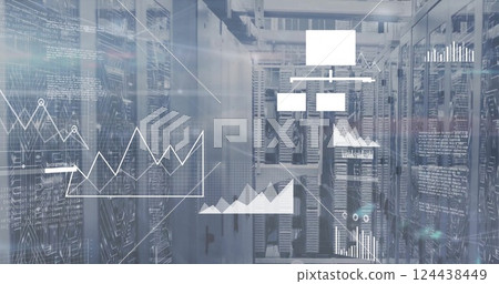 Image of diagrams and data processing over server room 124438449