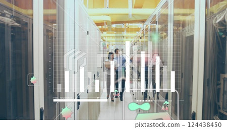 Image of diagrams and ecology icons over diverse workers walking in server room Image of diagrams and ecology icons over diverse workers walking in server room 124438450