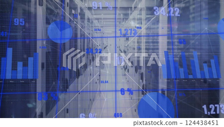 Image of diagrams and data processing over server room Image of diagrams and data processing over server room 124438451