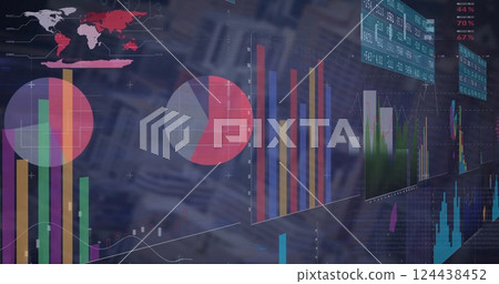 Image of diagrams and data processing over world map and cityscape Image of diagrams and data processing over world map and cityscape 124438452