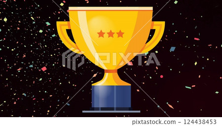 Image of gold trophy and falling confetti on black background Image of gold trophy and falling confetti on black background 124438453