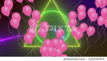 Image of pink balloons floating over colourful scanner on black background 124438454