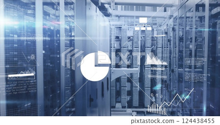 Image of diagrams and data processing over server room Image of diagrams and data processing over server room 124438455