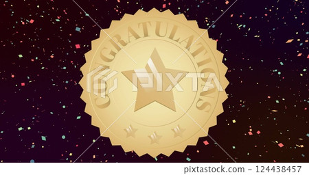Image of congratulations text and star on gold medal, with falling confetti on black background 124438457