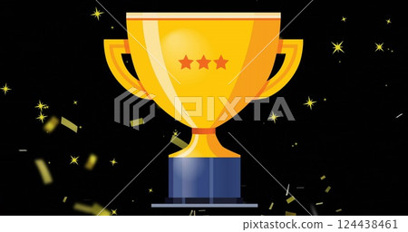 Image of golden trophy and falling gold confetti on black background Image of golden trophy and falling gold confetti on black background 124438461