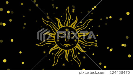 Image of gold sun face and yellow light spots on black background Image of gold sun face and yellow light spots on black background 124438470