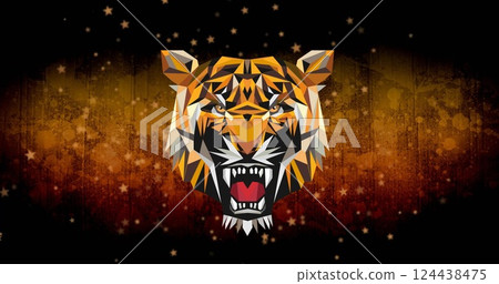 Image of tiger head with open mouth over old map on dark background Image of tiger head with open mouth over old map on dark background 124438475