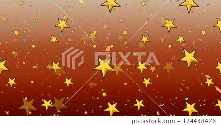 Image of yellow stars over falling confetti on dark orange background 124438476