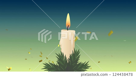 Image of falling gold confetti over candle on blue background Image of falling gold confetti over candle on blue background 124438478