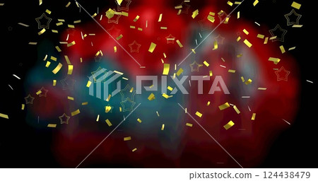 Image of falling gold confetti and stars over red and green blur on background Image of falling gold confetti and stars over red and green blur on background 124438479