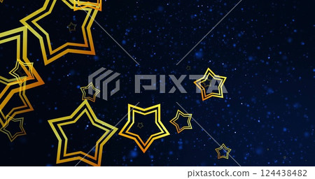 Image of gold outline stars falling over blue light spots on black background 124438482