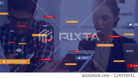 Image of media icons over diverse business people using tablet 124438541