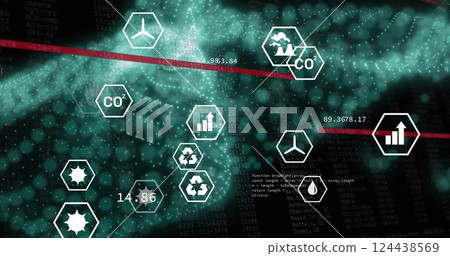 Image of digital data processing and eco icons over glowing mesh 124438569