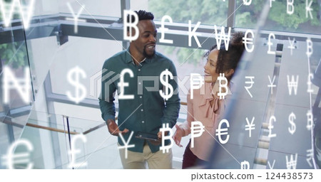 Image of currency symbols data processing over diverse business people in office Image of currency symbols data processing over diverse business people in office 124438573