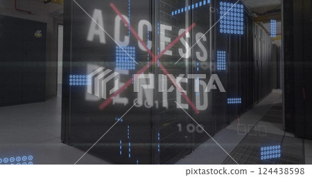 Image of data processing and computer circuit board over server room Image of data processing and computer circuit board over server room 124438598