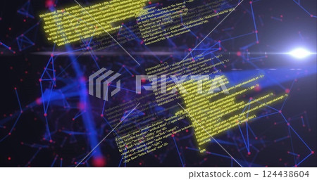 Image of data processing and network of connections on black background 124438604