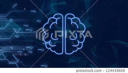 Image of brain over computer circuit board and network of connections on black background 124438608