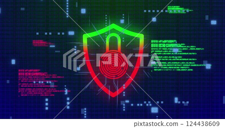 Image of data processing with padlock icon and computer circuit board on black background Image of data processing with padlock icon and computer circuit board on black background 124438609