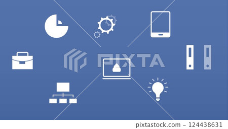 Image of business icons and financial data processing over blue background 124438631