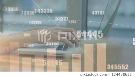 Image of graph and data processing over hands of caucasian woman using laptop Image of graph and data processing over hands of caucasian woman using laptop 124438632