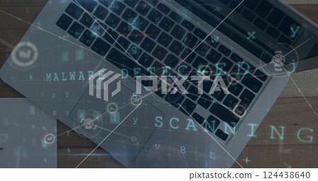 Image of malware detected text with network and data processing over laptop on desk 124438640