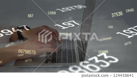 Image of processing data over hands of caucasian woman using laptop 124438641