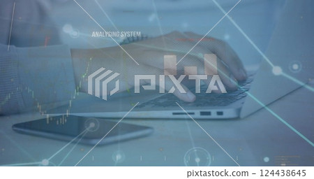 Image of network and charts processing data over hands of caucasian man using laptop Image of network and charts processing data over hands of caucasian man using laptop 124438645